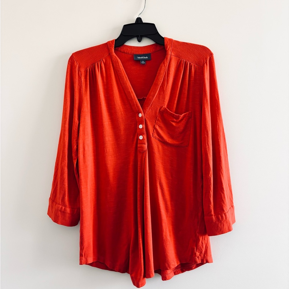 ModCloth Henley Top Burnt Orange Button Front Pocket Women S Retro Indie Casual